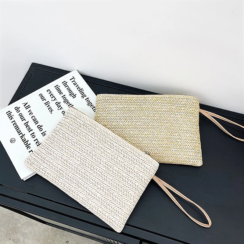 

Women Girls Fashion Clutch Solid Straw Wristlet Bag Ladies Beach Summer Handbags Purse Daily Money Coin Phone Card Bag