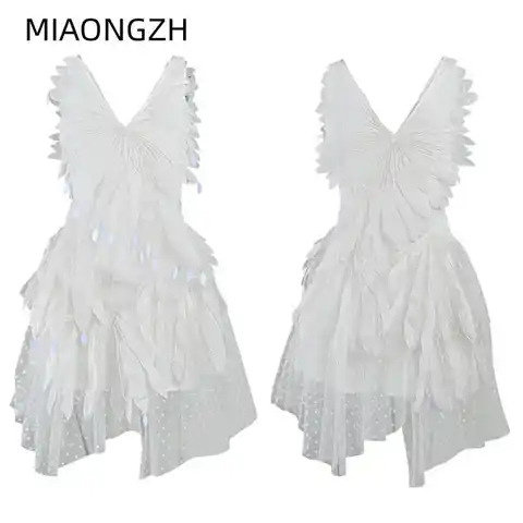 Embroidery White Fashion Women's Sexy V-Neck Dresses Sleeveless High Waist Elegant Birthday Colorblock Midi Fairy Skirts New