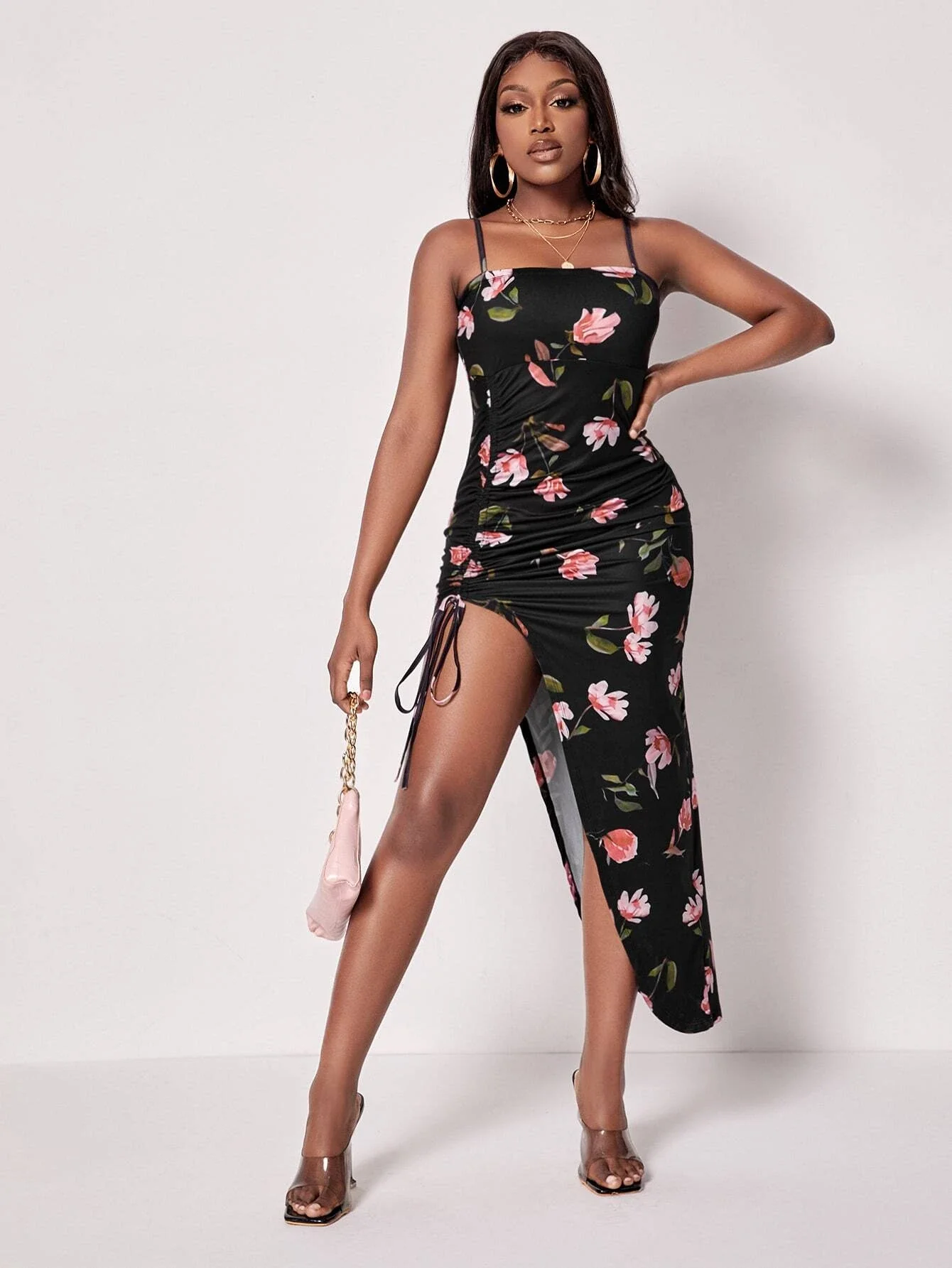 

New Floral Print Ruched Drawstring Split Thigh Dress