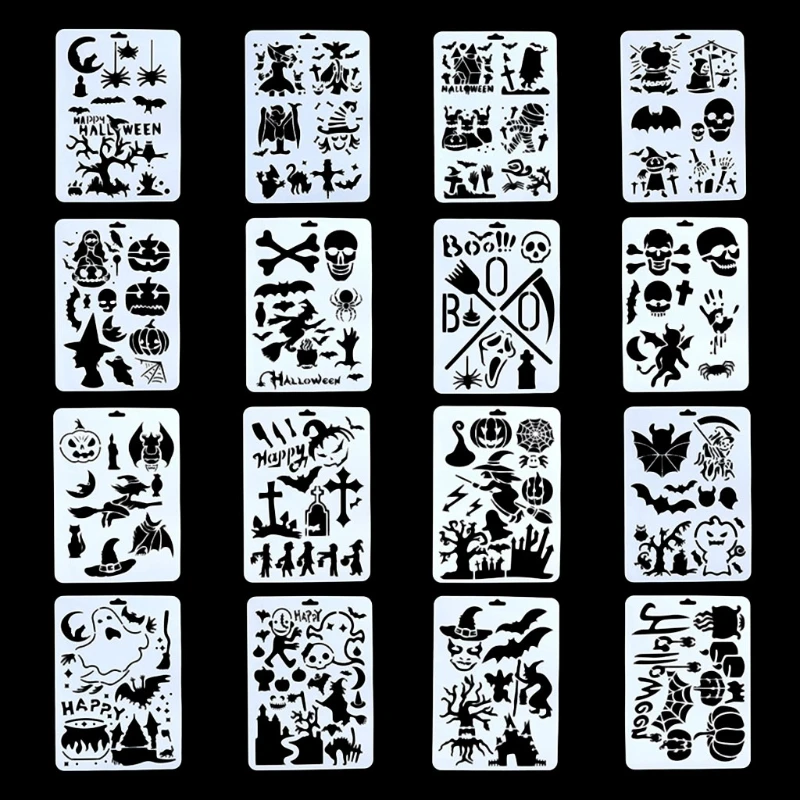 

Pack of 16 Halloween Drawing Template Stencils Reusable Anti-break DIY Graffiti Stencils Halloween Party Home Wall Drop Shipping