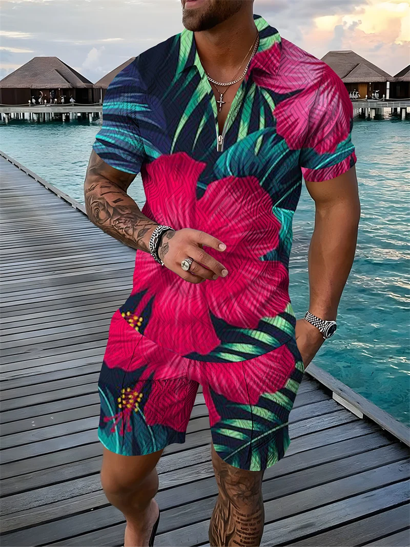 Men's Tracksuit 2 Piece Set Classical Print 3D Polo Shirt Short Sleeve T Shirt and Shorts Casual Man Clothing Zip-Up Polo Shirt