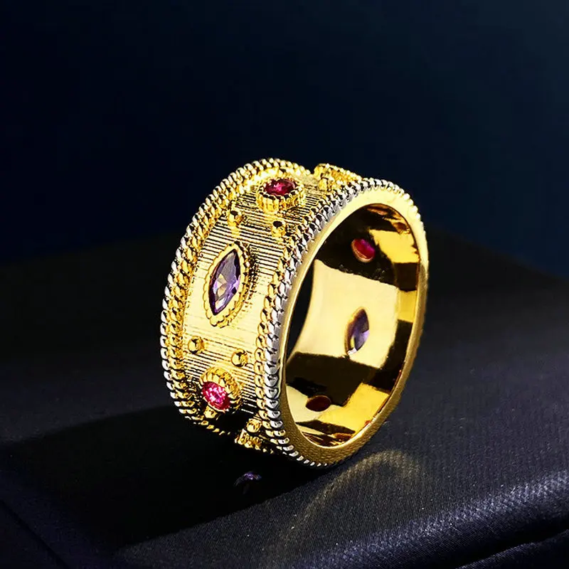 

2022 Hot Sale Luxury Color Oval Zircon Brushed Finishing Vintage Palace Wide Cocktail Finger Rings for women