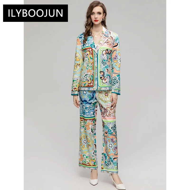 

2023 Luxury Brand High Quality Early Autumn Set Women Long Sleeve Belt Jacket + Straight Trousers Vintage Print 2 Pieces Set