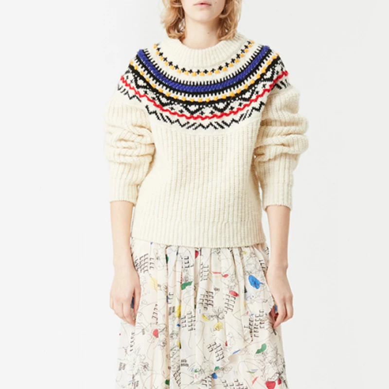 

Женский жаккардовый свитер в стиле ретро с круглым вырезом и длинными рукавами, пуловер из смеси шерсти для осени и зимы, новинка 2023, Женский вязаный Топ