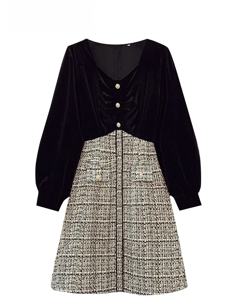 Cara Plus size Graceful Velvet Dress Women Autumn and Winter 2024 New Sle Fat Sister Western Age-Reducing A- line Skirt