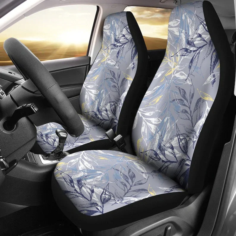 

Grey Blue Leaves Floral Flowers Car Seat Covers Pair, 2 Front Seat Covers, Car Seat Protector, Car Accessories