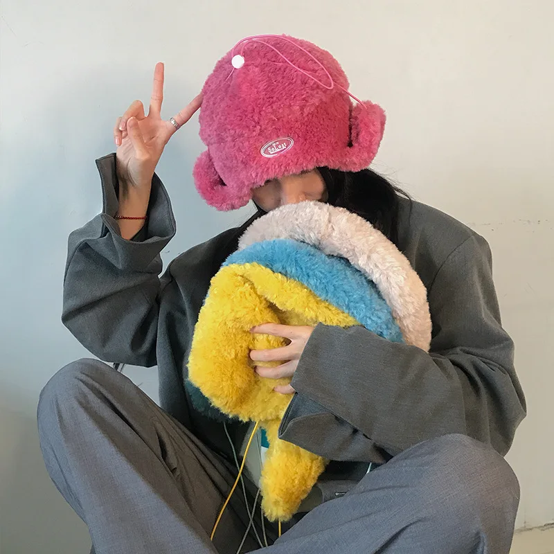 

Plush Lei Feng Hat Lovely Women Riding Wind proof Ear Protection Hat in Autumn and Winter