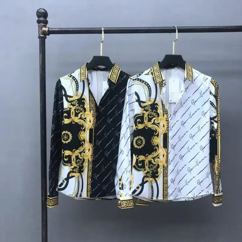 Men's Autumn Long Sleeve Shirt Court Style Retro Printed Shirt Korean Slim Fit Top