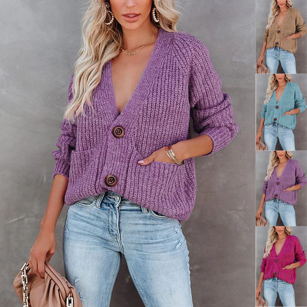 

Women's 2023 Autumn/Winter New Solid V-Neck Cardigan Single breasted Long Sleeve Sweater Coat Cardigan