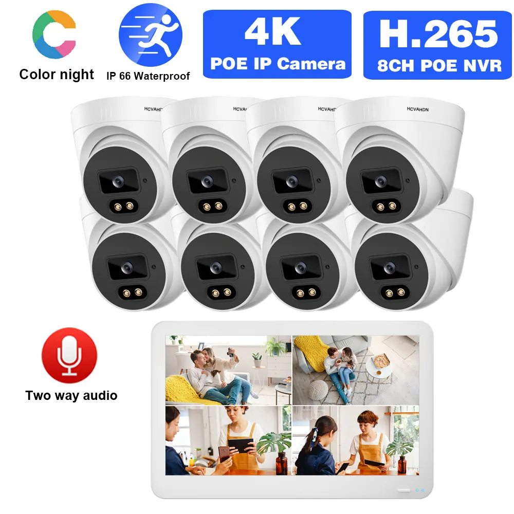 

Система видеонаблюдения H.265, купольная IP-камера безопасности, 8 каналов, ЖК-экран, POE, NVR, 4K, цветное ночное видение, 8 МП