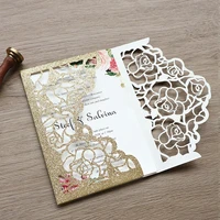 100 pieceslot laser cut rose gold glitter pocket birthday invitation card personalize business xv wedding invite card ic150