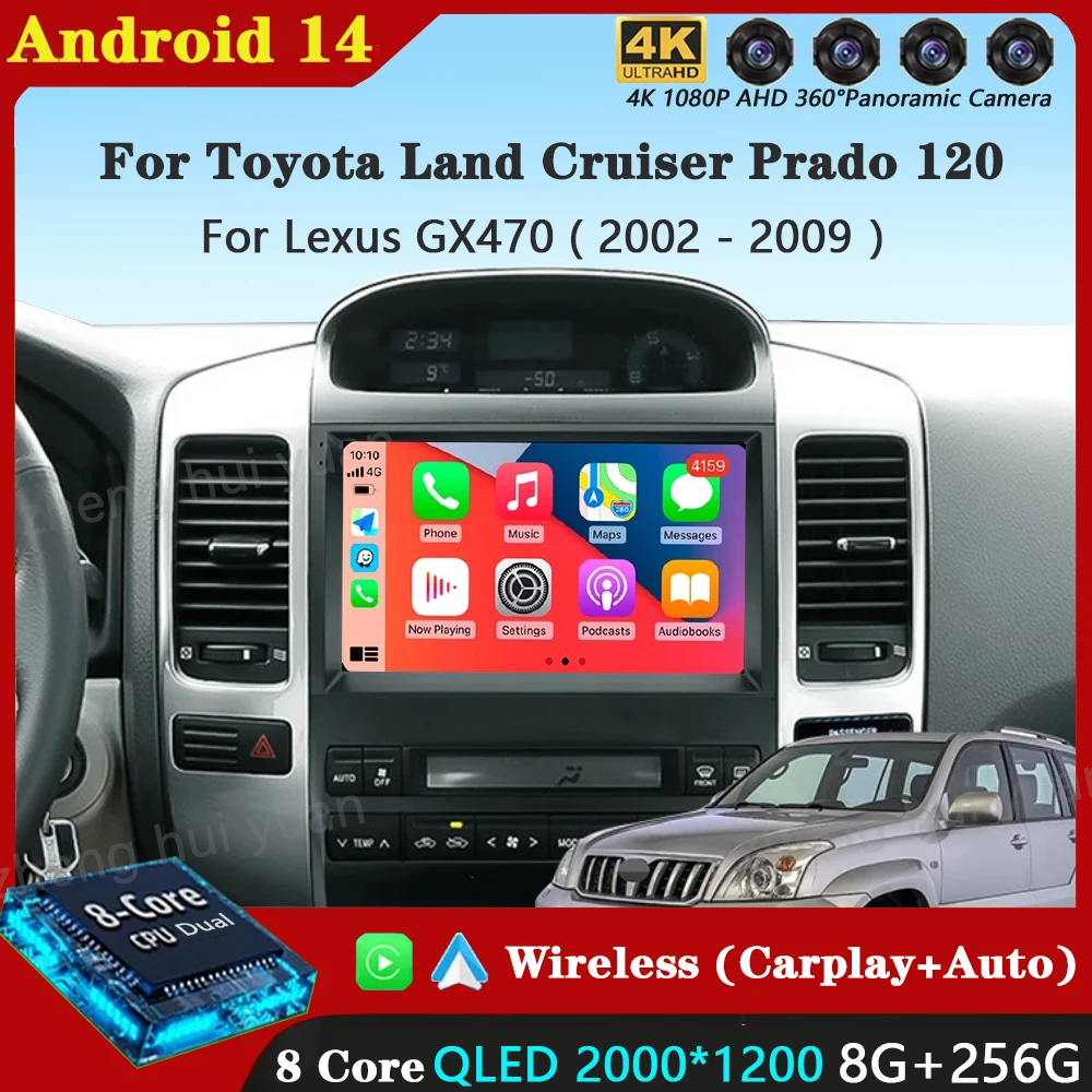 Android 14 Carplay Auto для Toyota Land Cruiser Prado 120 3 III Lexus GX470 GX 470 J120 2002-2009 Автомобильное радио
