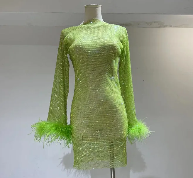 European design fashion perspective hollowed-out mesh ostrich hair slim bottom shirt full diamond dress