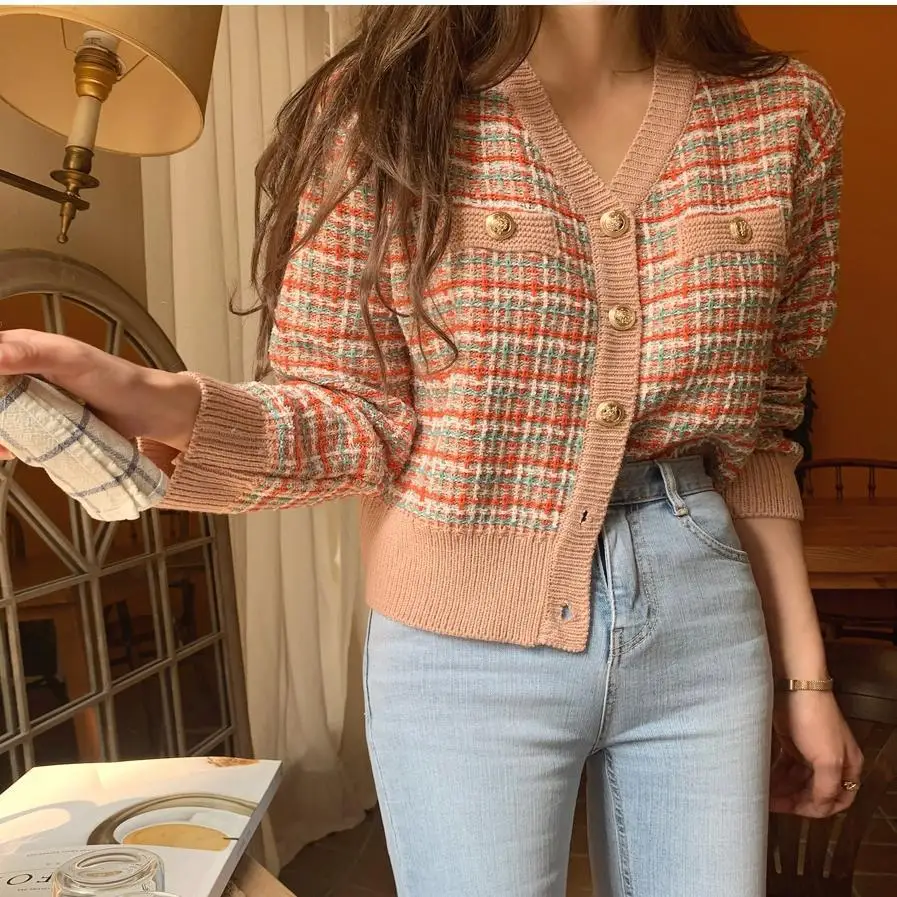 

Pink Cardigan Ladies Sweater Korean Short Knitted Sweater Black Fashion Autumn Top V-neck Short Cardigan Plaid Jacket cardigan