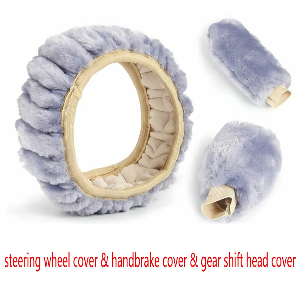 3 PCS Car Fluffy Steering Wheel Cover Wool Handbrake Cover Thermal Gear Shift Cover Plush Car Interior Accessories Gray Blue