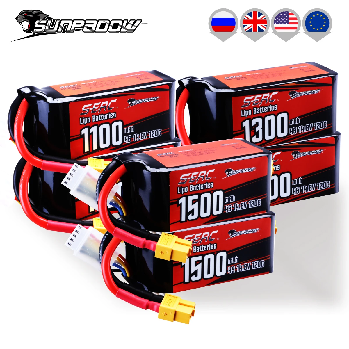 Аккумулятор Sunpadow 14 8 в 4S 1300 мА · ч 1500 120C с разъемом XT60 2 упаковки | Игрушки и хобби