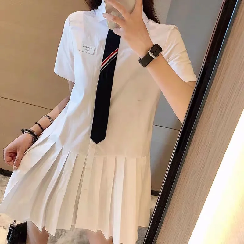 Korean TB pleated dress womens summer new college style small white short-sleeved shirt A-line skirt