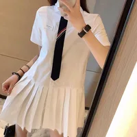 Korean TB pleated dress women's summer new college style small white short-sleeved shirt A-line skirt