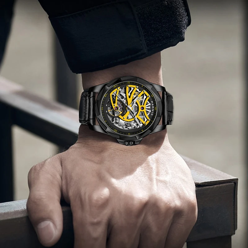 Модные мужские механические наручные часы Parnis 43 мм с календарем желтым