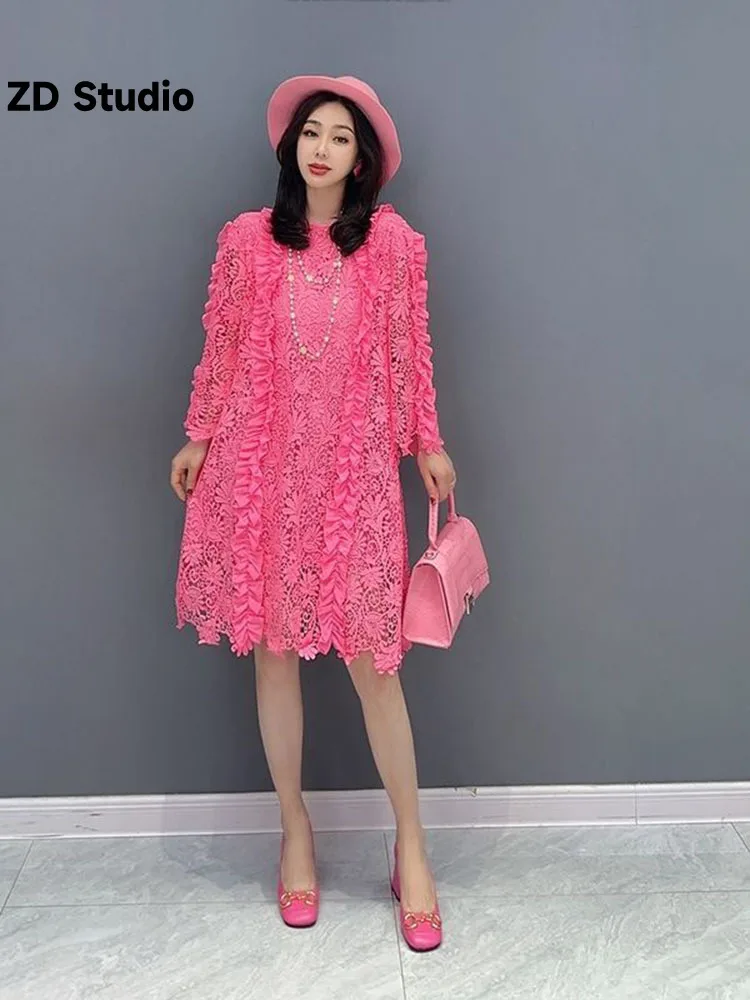 

[ZD Studio] 2023 Summer New Korean Fashion Hollow Lace Mid Length Dress Slim Women's Wear Loose robe
