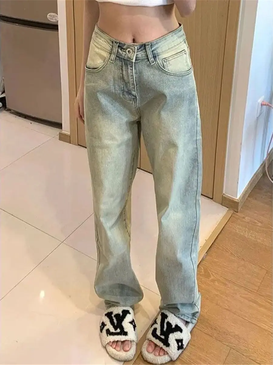 

Модные однотонные джинсы для девушек Ulzzang, прямые брюки с широкими штанинами, брюки в Корейском стиле Харадзюку, базовая джинсовая сумка, ви...