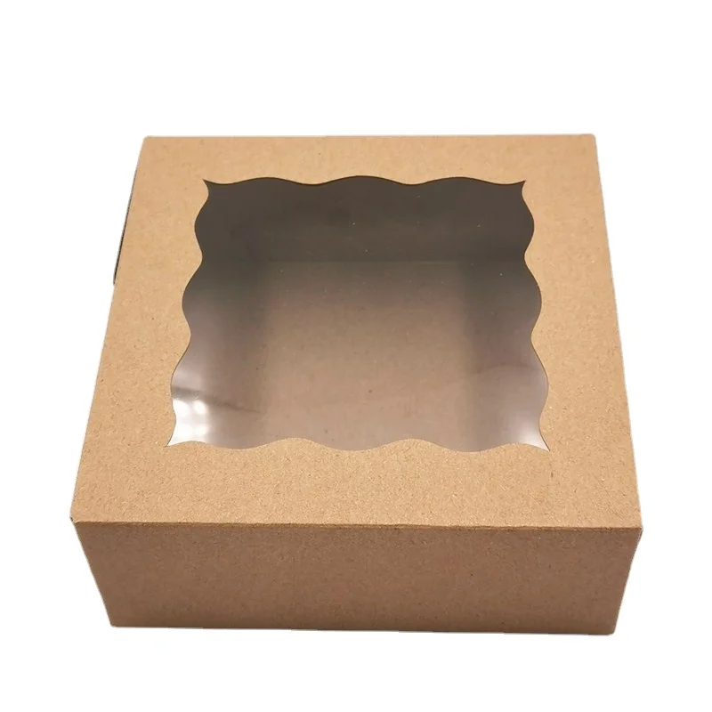 Kraft Paper Cake Boxes Wholesale Wavy Clear Window Bread Cookies Cupcake Square Box Muffins Case Gift Packaging for Party Decor
