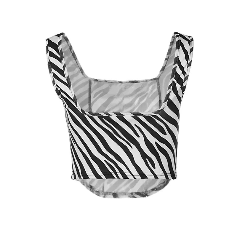 Women Summer Casual Vest Zebra Pattern Sleeveless Backless Slim Fit Corset Patchwork Tank Crop Tops images - 6