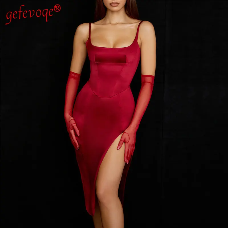 

Women Summer Satin Backless Sexy Split Bodycon Elegant Dresses Female Sleeveless Camisole Club Evening Party Midi Dress Robe2022