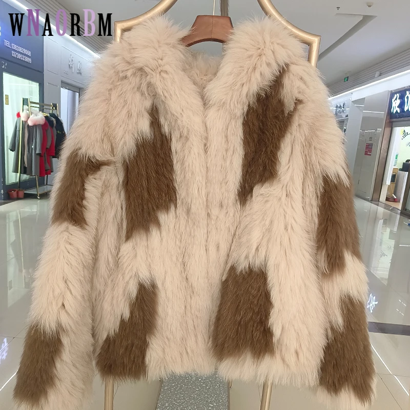 Fashion Winter Double Knitted 100% Real Fox Fur Hooded Jacket Women's Thick Jacket Knitted Craft Casual Coat Length 70cm