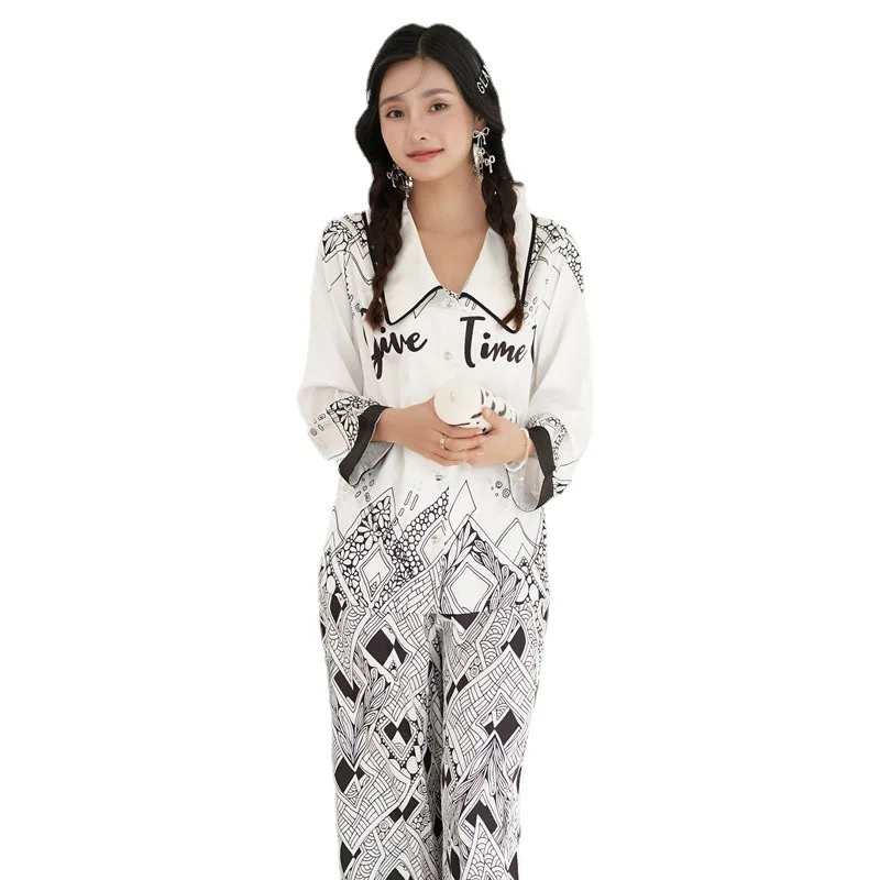 New ice silk pajamas women's fresh twist print long-sleeved comfortable home pajama set