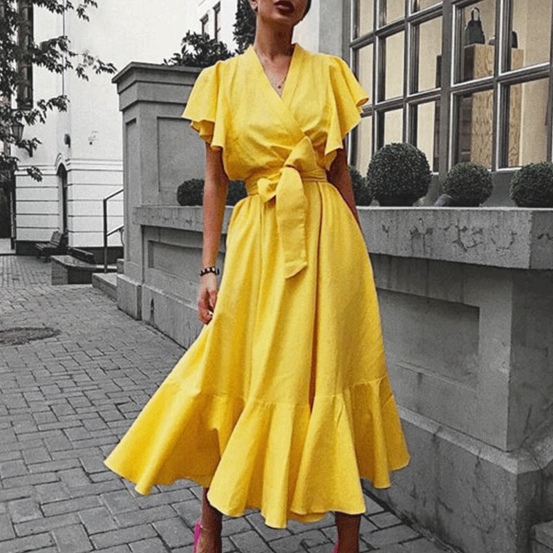 

Retro Solid Color High Waist Lace-up Dress Summer Women's New Mid-length Skirt Elegant V-neck Short-sleeved Ruffle Women's Skirt