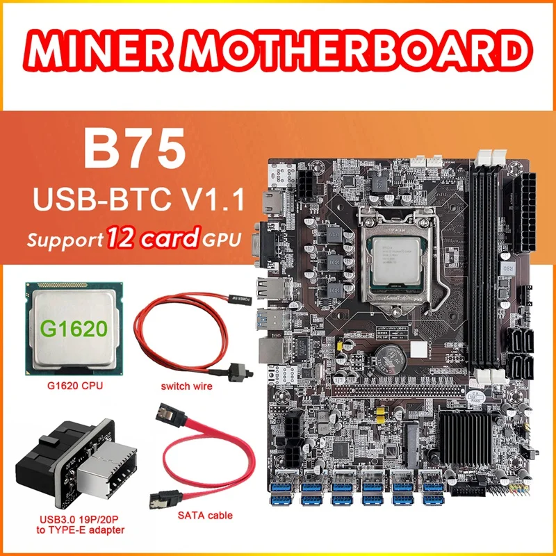 B75 12 Card BTC Mining Motherboard+G1620 CPU+USB3.0 Adapter+SATA Cable+Switch Line 12XUSB3.0 Slot LGA1155 DDR3 RAM MSATA