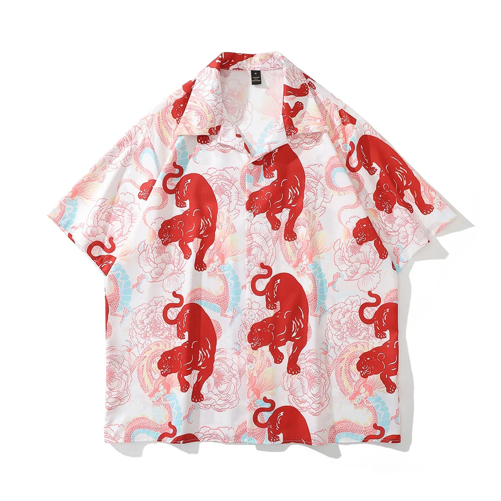 

Dark Icon Red Tiger Full Printed Retro Shirt Oversized Street Men's Shirts Summer Hawaiian Shirt Male Top