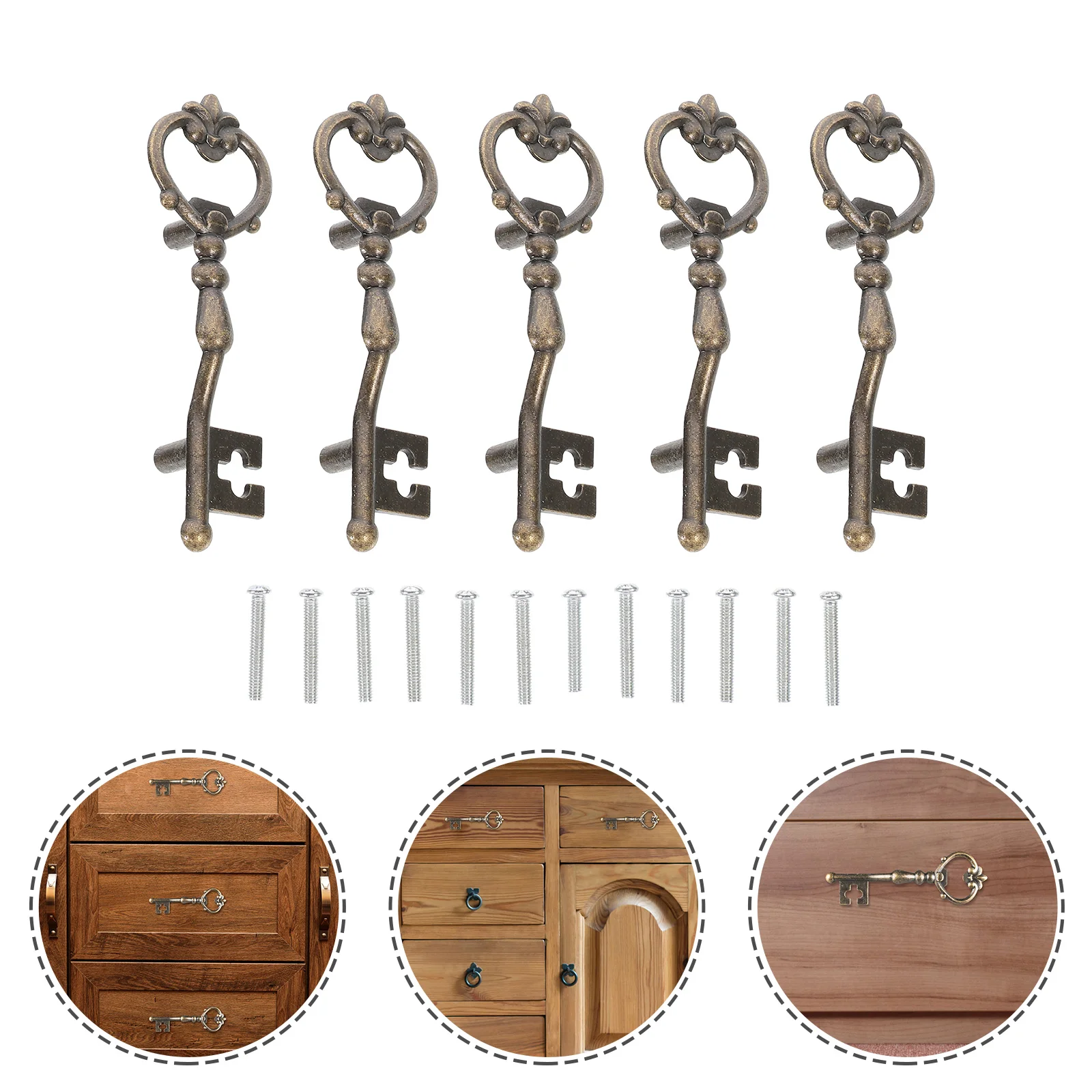 

5pcs Dresser Pulls Handles Key Shape Decorative Knobs Antique Zinc Alloy Handles