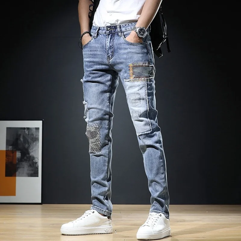 

Jeans Summer Men pantalones hombre Regular Fit Pants Streetwear Casual Blue Patches Patchwork Jean Mens Clothing Denim Trousers