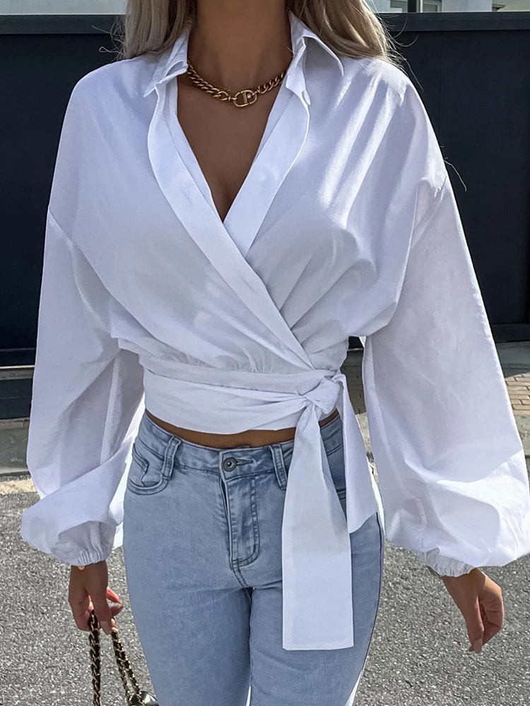 

Women 2022 Lapel Long Sleeve Summer New Pullover Tops Solid Vintage Puff Sleeve Spring New High Street Tops Waist Tie Pullover