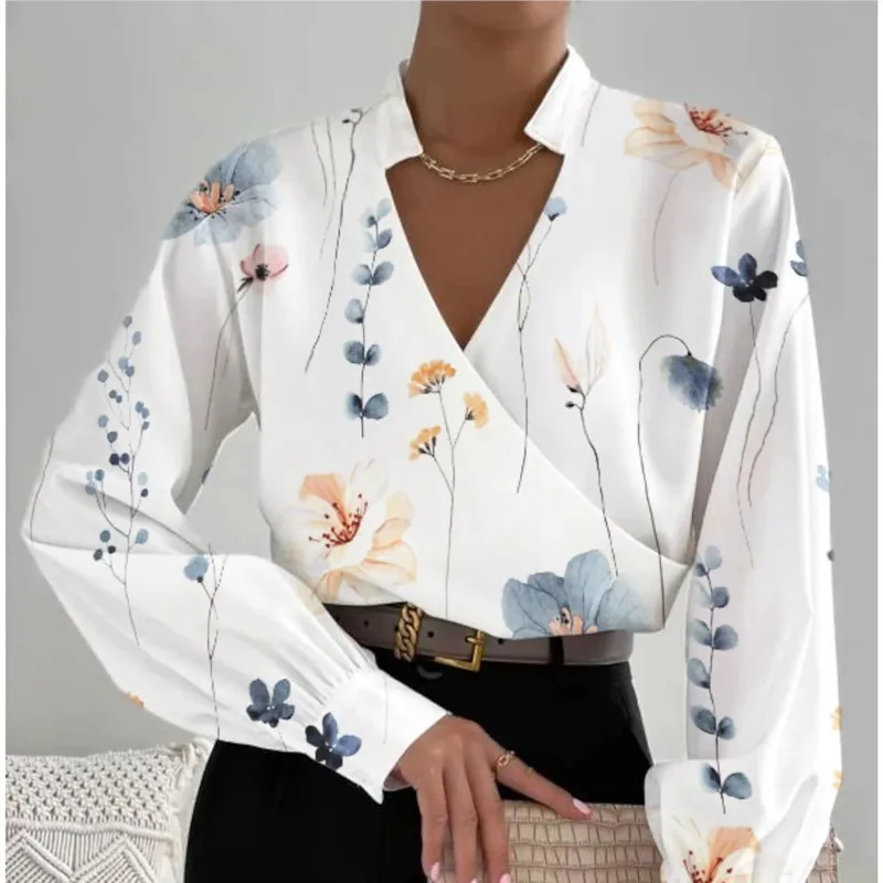 

Women's Autumn New Long Sleeved V-neck Printed Tops Casual Loose Fitting Shirt Blusas Femininas Elegant Blouses Sexy 2023