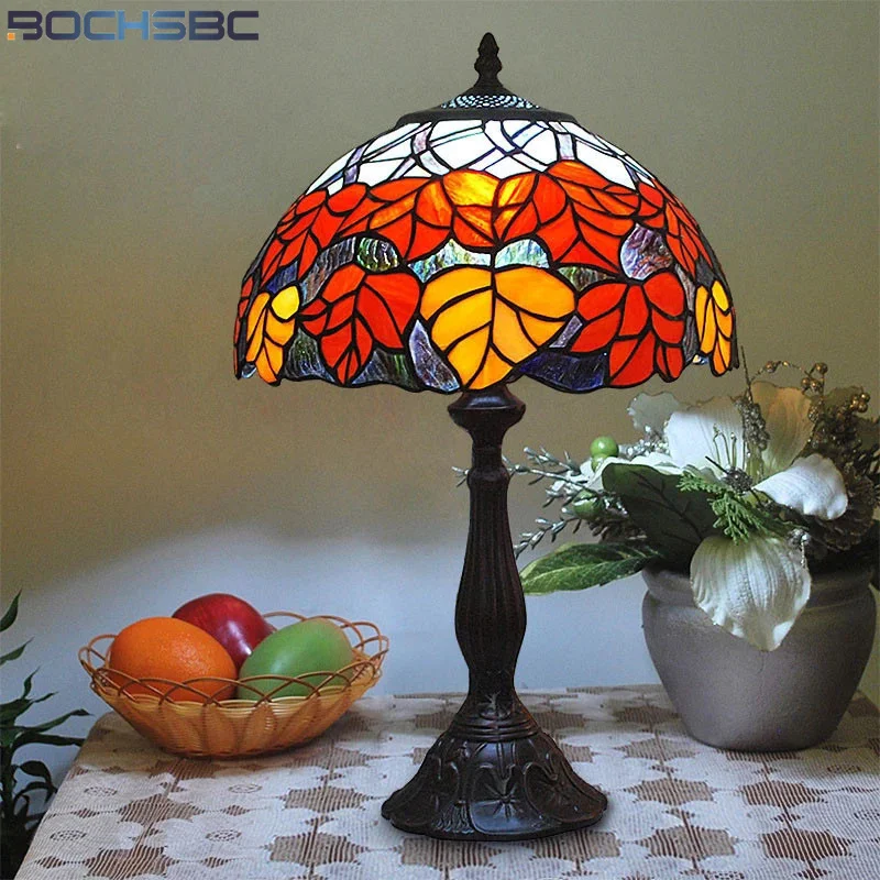 

BOCHSBC Tiffany style Table Lamps Bedside For Bedroom Grape Flower Color Stained Glass Shade Home Art Deco Mariage Lights Bar