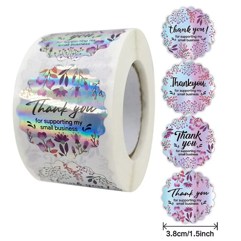 

500 Pcs/roll Round Thank You For Supporting My Small Business Stickers Colorful Floral Silver Diy Handmade Seal Labels Stickers