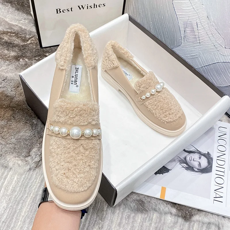 Fashion Pearl Design loafers Women Winter Platform Shoes Plush Shoes Women Outdoor Faux Fur Warm Cotton Shoes Large Women Shoes