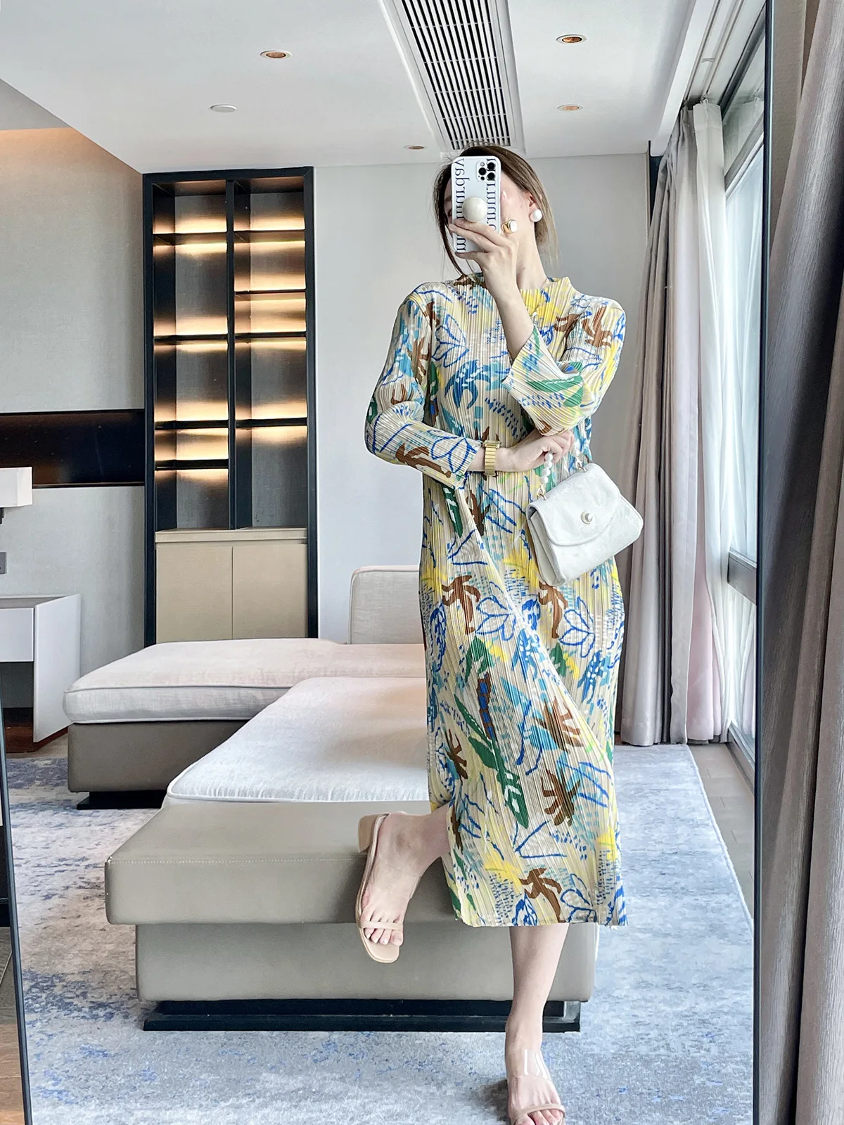 

Осень 2023, новое Плиссированное Платье с принтом, темпераментное платье с разрезом