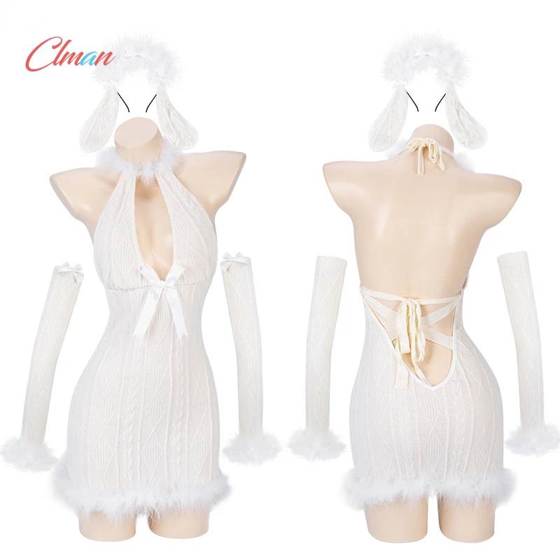 Lolita Cosplay Snow Angel Girl Furry Knitted Sex Dress Unifrom Women Bunny Backless Nightdress Pajamas Outfits Christmas Costume