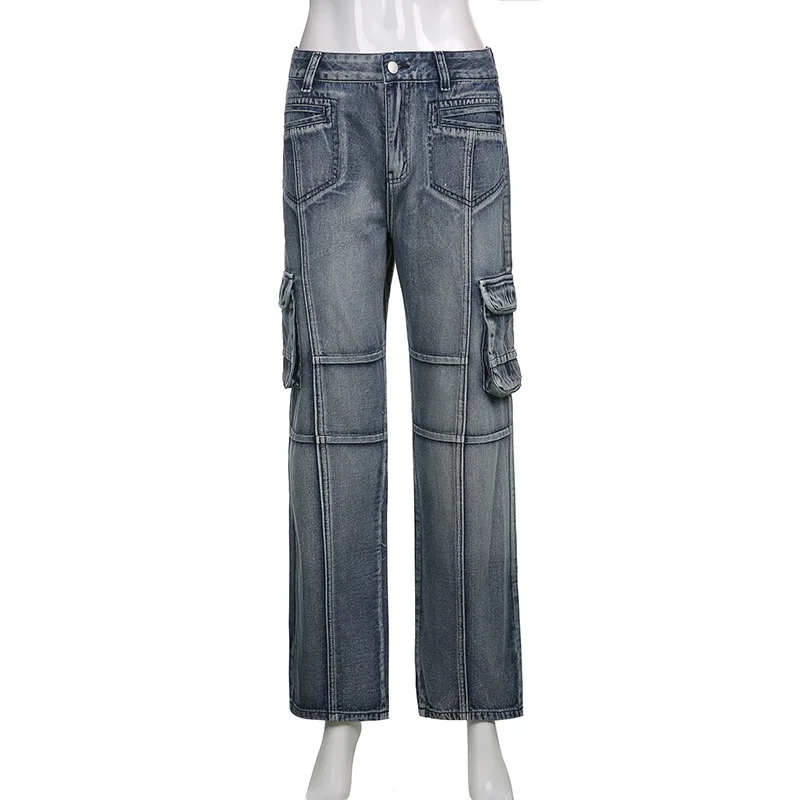 Vintage Jeans Woman Low Waisted Pockets Trousers Baggy Casual  women Denim Cargo Pants Women Straight Hot Korean Jeans 90s