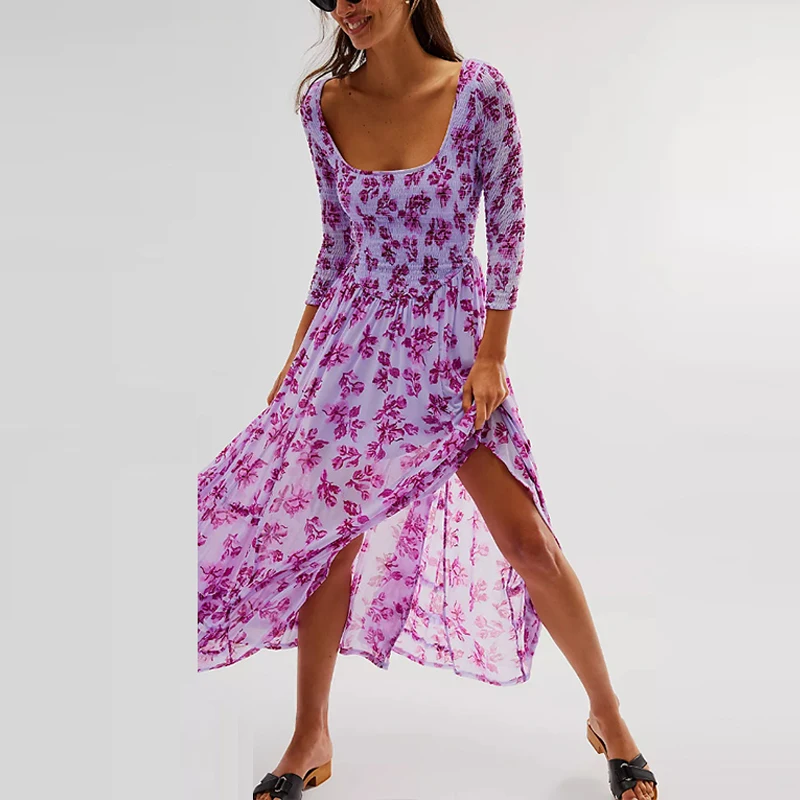 

Женское Плиссированное Платье, Элегантное повседневное длинное платье для отпуска с рукавом 3/4 и квадратным вырезом, платье с принтом на талии