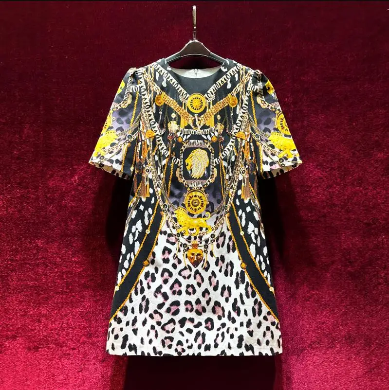 European and American women's clothes 2023 summer new Round neck with five-point sleeves fashion Vintage Leopard Print Dress XXL