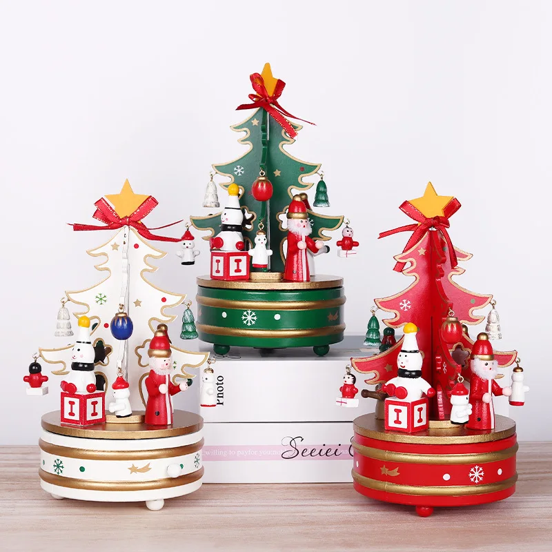 

Christmas Tree Shape Wooden Rotary Music Box Creative Gift Christmas Music Bell Ornament Painted Home Decoration Ornament ZB371