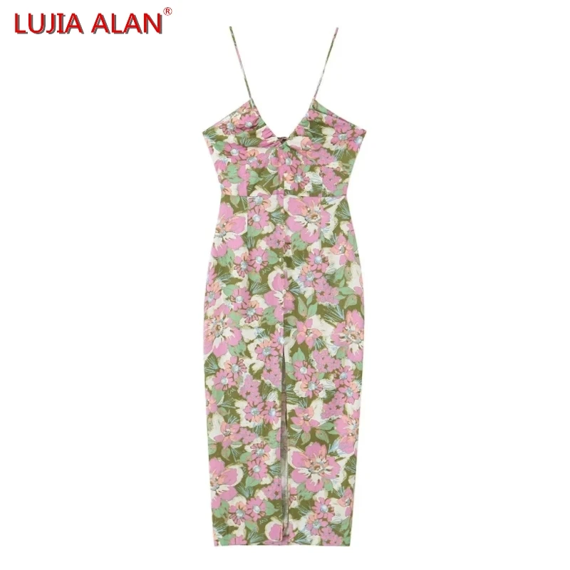 

Summer New Women Flower Printed V-neck Sling Split Midi Dress Female Casual Sexy Backless Slim Fit Vestidos LUJIA ALAN WD2872