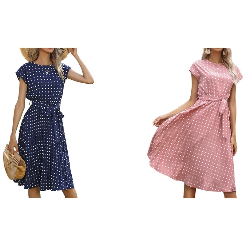 

2 Pcs Women Dresses Summer Polka Dot Split Boho Dress Women Clothing Casual Beach Vacation Long Dresses L, Blue & Pink
