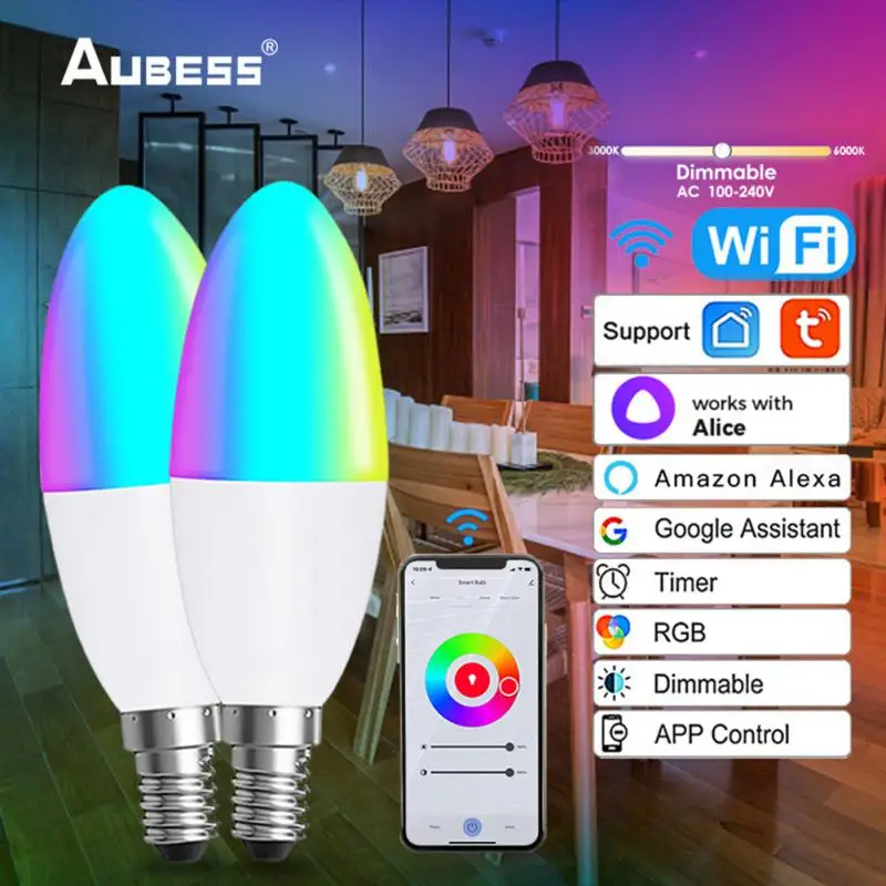 

Tuya WiFi Smart Light Bulb E14 RGB LED Lights Dimmable Timer Lamp Bulbs Smart Life Voice Control Compatible Alexa Google Home