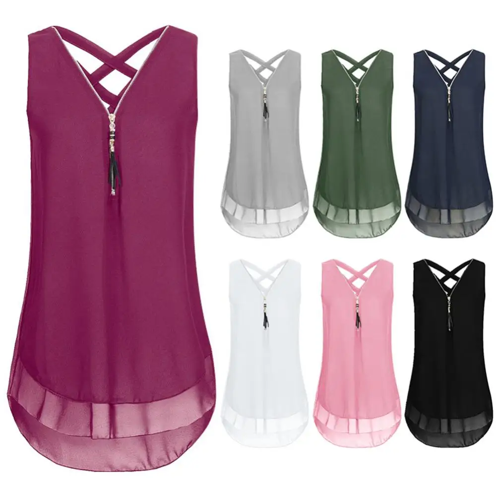 

Plus Size Lady Solid Color V Neck Sleeveless Chiffon Zipper T-shirt Blouse Vest Dress Top Casual female Nursing Maternity Dresse